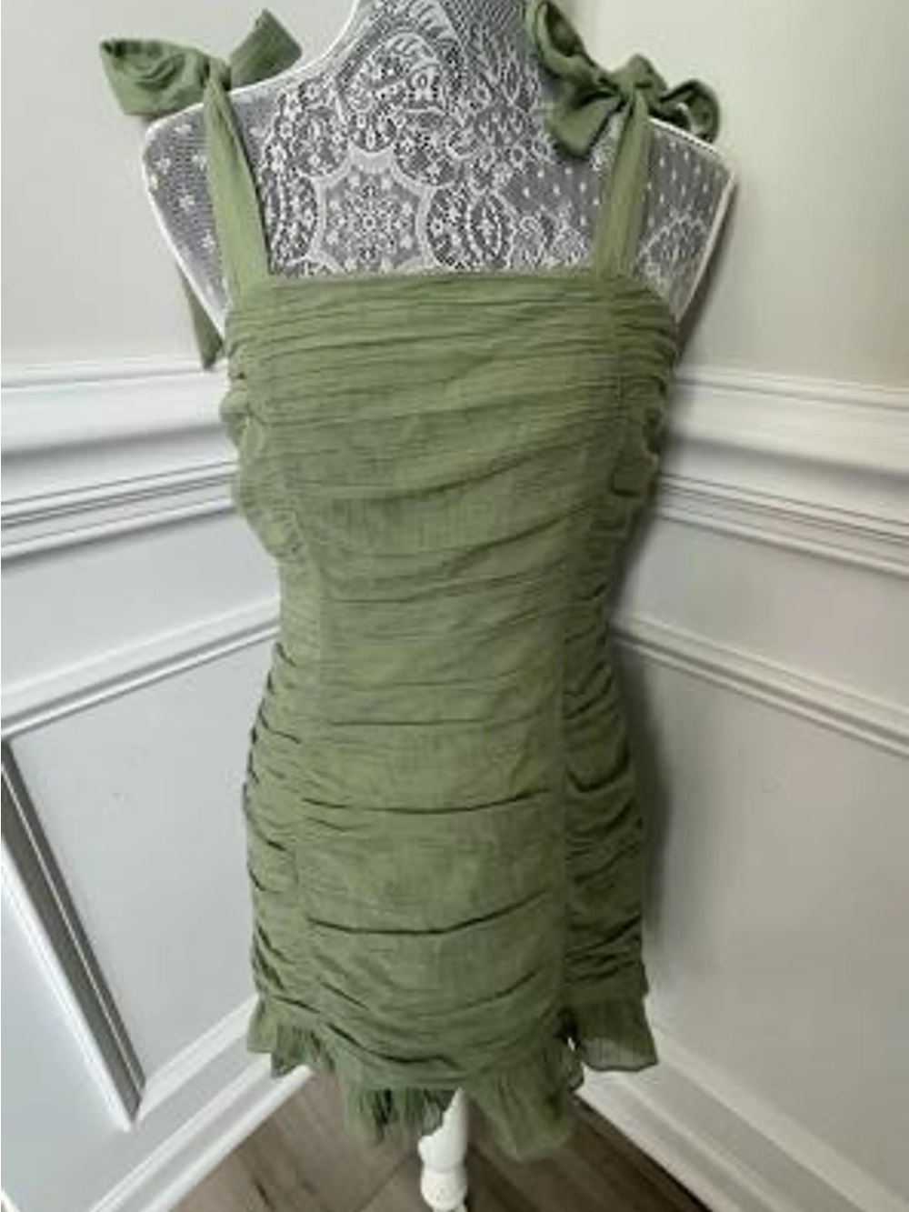MinkPink Little Darling green ruched cotton mini dress